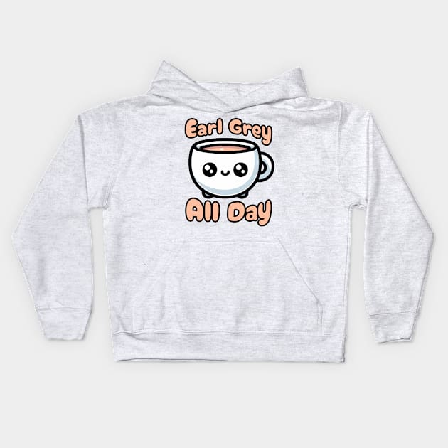 Earl Grey All day! Cute Tea Cup Cartoon Kids Hoodie by Cute And Punny